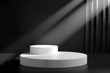 white circular shelf is placed on a black background evoking the style of minimalist stage designs, The simplicity of the white circle on a black wall in the style of minimalist