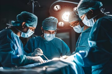 group of surgeons intensely focused on performing a procedure in an operating room at hospital, emergency case, surgery, medical technology, health care cancer and disease treatment concept