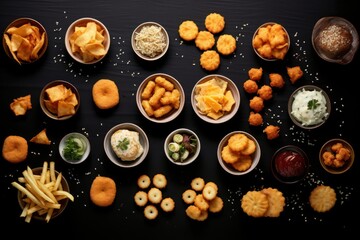top view of various delicious crispy snacks in colorful bowls on wooden table - obrazy, fototapety, plakaty