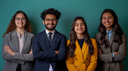 Un portrait d'équipe sur un arrière-plan vert montrant une équipe de collaborateurs jeunes, dynamiques et efficients, diversité au travail et en entreprise