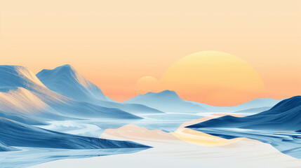 Paysage abstrait montrant un reflief montagneux dans un ciel crépusculaire, dégradé vaporeux de orange pâle, blanc et bleu - obrazy, fototapety, plakaty