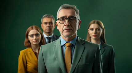 Une équipe de collaborateurs derrière leur manager, un homme respectable costumé en vert et portant des lunettes - obrazy, fototapety, plakaty