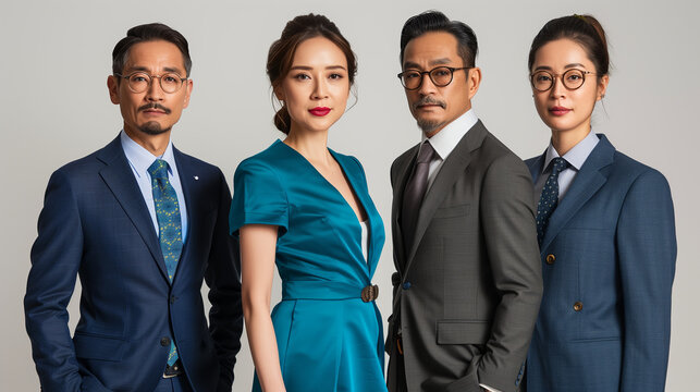 Quatre dirigeants d'entreprises asiatiques posant en costume sur fond blanc, portrait d'entrepreneurs