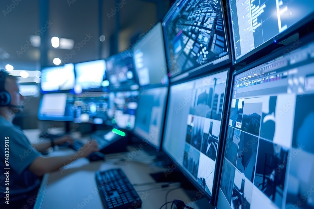 Wall mural large room filled with several large monitors in the style of security camera set up in small office