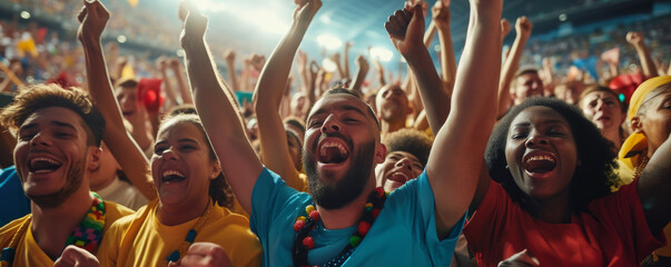 Fototapeta na wymiar Joyful Fans Celebrating in Sports Stadium 