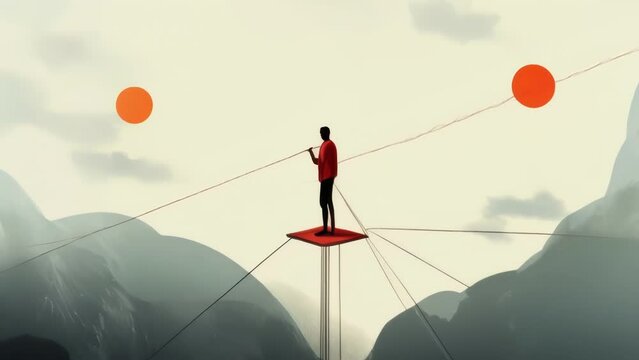 A person balancing on a tightrope while a rainstorm of arrows falls from the sky. Psychology art concept. .