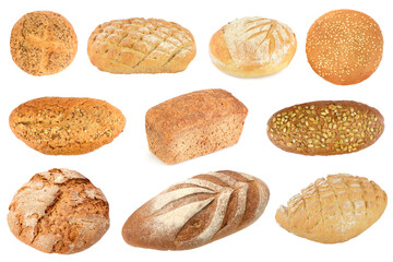 Various types of baked bread isolated on white