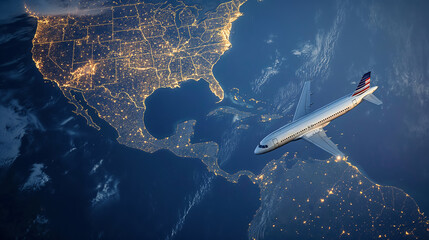 Commercial airplane flies over an illuminated global map at night - 748230109