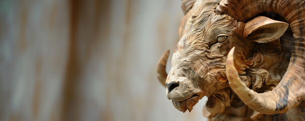 carved wood statue of a bighorn sheep, with copy space