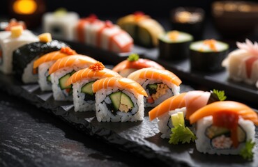 Sushi presented on a dark slate background
