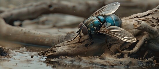 A blue fly perched on top of a piece of wood, possibly attracted by the scent of Nile tapia deceased remains. The fly sits still, its iridescent wings shimmering in the light. - obrazy, fototapety, plakaty