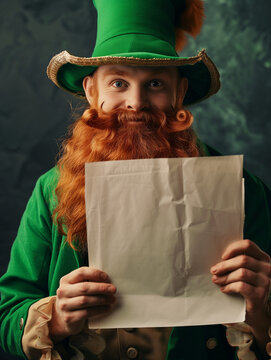 A bearded man dressed as leprechaun displaying a blank paper