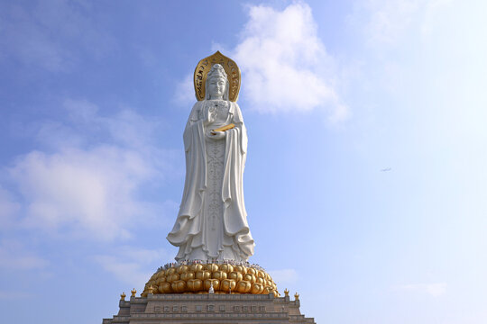 Sanya, China - February 22, 2024: Statue of the goddess Guanyin on the territory of Nanshan buddhist culture park, Hainan island