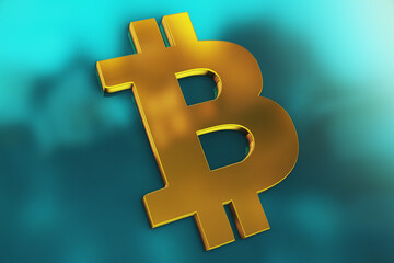 Obraz premium Gold Bitcoin currency logo reflection on the glossy blue background
