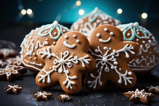 Honey Christmas gingerbread cookies with white patterns on a dark blue background.