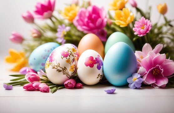 Creative arrangement of Easter eggs and a vibrant line of spring flowers on a white background