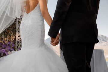 The bride and groom hold hands and standing  together on Wedding day, newlyweds just after their ceremony