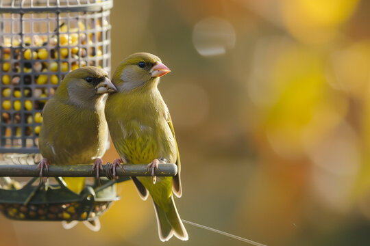 Greenfinch, Carduelis chloris, two birds on a bird feeder, Shropshire
