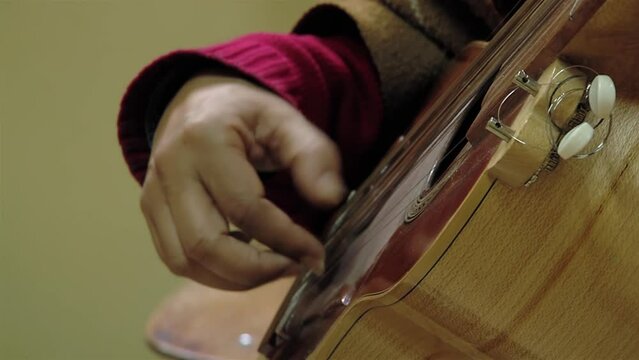 A Man Playing A Typical Chilean Stringed Instrument Called "Chilean Guitarron". Close Up.