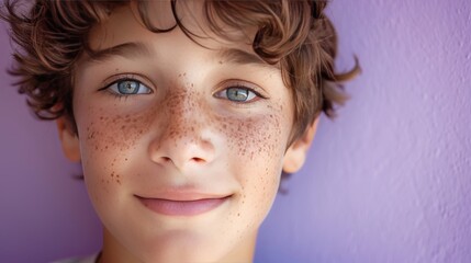 Joyful boy with curly hair and freckles smiling. Expressive blue eyes of a cheerful young boy. Portrait of happiness in a child with a purple backdrop. - obrazy, fototapety, plakaty