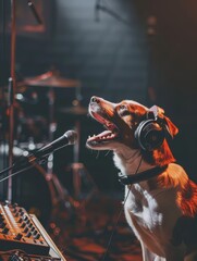 Dog with headphones singing into a microphone. Musician dog engaged in a studio recording session....