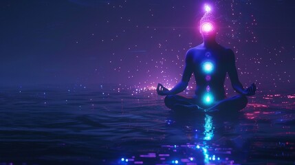 translucent blue figure of a man sitting in a meditation pose