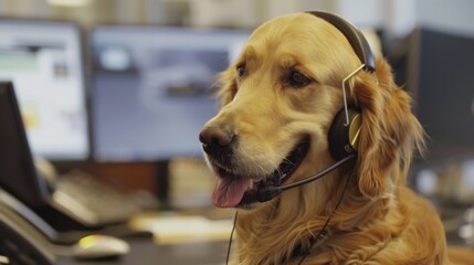 Golden retriever with a headset on in a professional setting. Dog acting as a customer support agent. Pet in the workplace bringing joy and assistance.