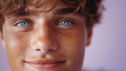 Obraz premium Close-up portrait of a young boy with blue eyes and freckles. Smiling teen with clear blue eyes and natural look. Teenager with freckles and gentle smile on a purple background.