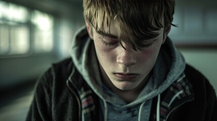 Teenage boy in emotional distress close-up portrait. Young male with eyes closed in deep thought or sadness. Intense close-up of troubled teen showing signs of depression.
