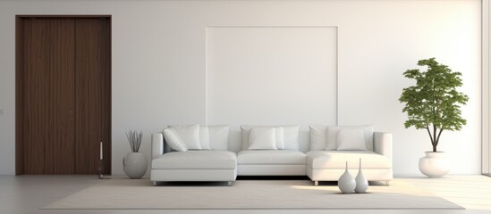 A minimalist living room featuring a white couch prominently placed in the center, accompanied by a small potted plant. The room is simple and modern, with two closed doors in the background.