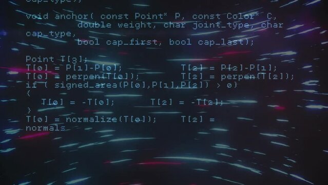 Animation of data processing over light trails on black background