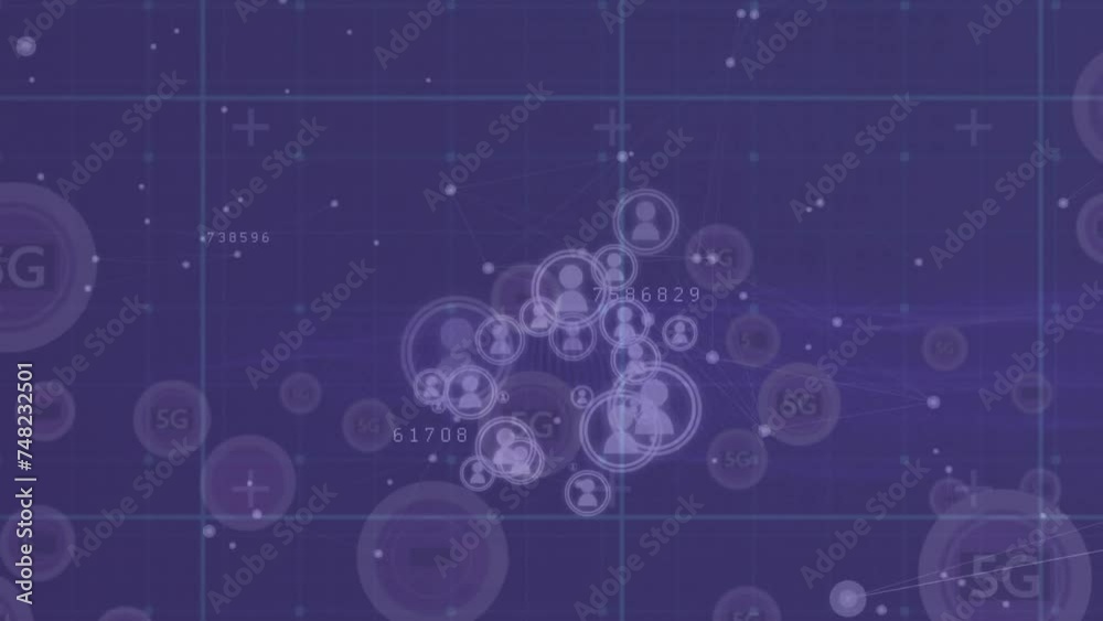 Poster animation of network of connections with icons and data processing on black background