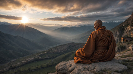 A monk dressed in traditional robes meditates on a stone overlooking a breathtaking mountain landscape against a sunset background - obrazy, fototapety, plakaty