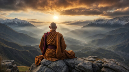 This photo shows a monk sitting on a rock and meditating in front of a breathtaking mountain scenery illuminated by the rising sun