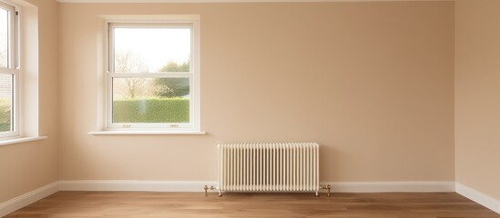 An unfurnished bedroom with a radiator and two windows. The room has a sink and a contemporary...