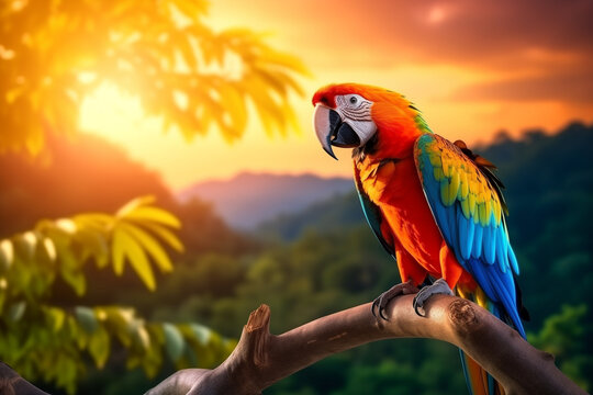 Macaw sitting on a branch . Beautiful colorful parrot in nature habitat with sunset background