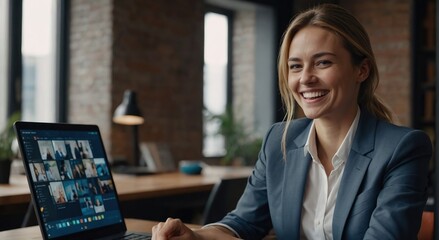 Happy young professional woman workplace head shot portrait, Cheerful businesswoman, project manager in formal suit sitting at laptop, looking at camera with toothy smile, laughing - Powered by Adobe