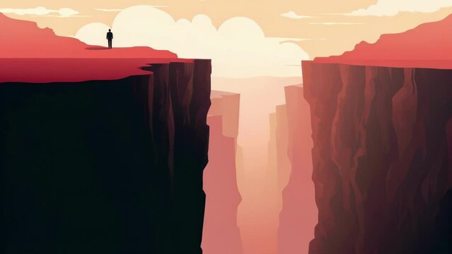 A person walking away from a cliff symbolizing the need to take risks and overcome fear. Psychology art concept. .