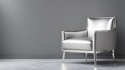 Poster furniture arrangement. Isolated 3D futuristic silver wingback armchair and modern minimalist sofa set against a clean pastel background, ideal for creating compelling promotional materials
