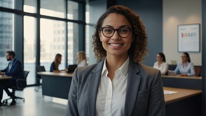  Portrait of happy millennial mixed race businesswoman professional manager consultant wearing glasses formal shirt, Friendly young lady receptionist look at camera meet client at bank corporate offic