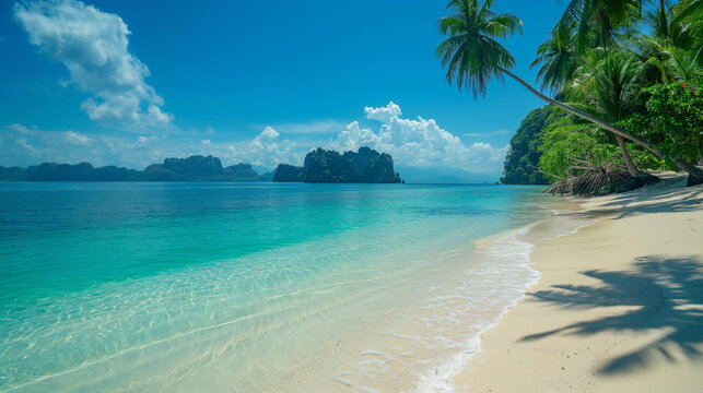 Idyllic Tropical Beach with Lush Palm tree and Crystal Clear Water philippines, south east asia landscape