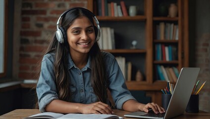 Smiling millennial indian girl in headphones read textbook study watching webinar on laptop, happy smart ethnic female student prepare for test with book and computer, take distant educational course