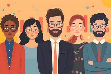 cartoon illustration group of business people wearing uniform in modern environment promoting team collaboration and communication, company meeting, business finance seminar and investment concept - obrazy, fototapety, plakaty