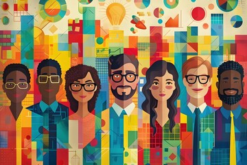 A unique and colorful illustration of a diverse group of business people, group of different people with different types of glasses standing with different kinds of building blocks