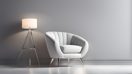 Craft visually appealing posters with an isolated 3D futuristic silver wingback armchair and modern minimalist sofa set against a clean pastel background