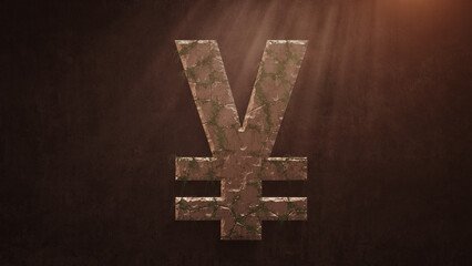 Obraz premium Yen coin logo deformed old stones and growing leaves on the old wall background.