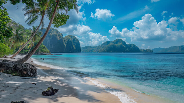 Idyllic Tropical Beach with Lush Palm tree and Crystal Clear Water philippines, south east asia landscape