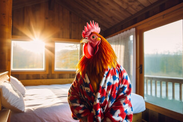 Rooster in pajamas awakes after sunrise late to start the day