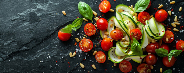 A medley of zucchini ribbons, cherry tomatoes, and pine nuts on a sleek black surface. Top view space to copy.