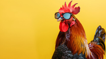 Close Up of Rooster on Yellow Background - obrazy, fototapety, plakaty